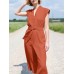 Solid Sash V Neck Pocket Sleeveless Casual Cotton Jumpsuit