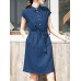 Solid Button Pocket Sash Lapel Casual Cotton Midi Dress