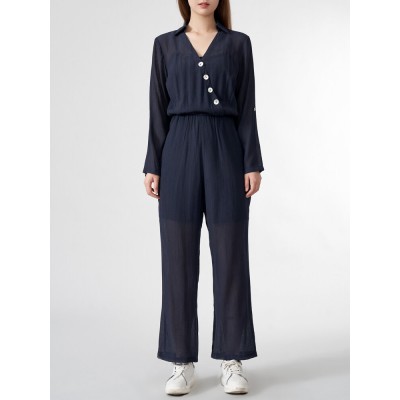 Solid Wrap Button Lapel Pocket Long Sleeve Jumpsuit