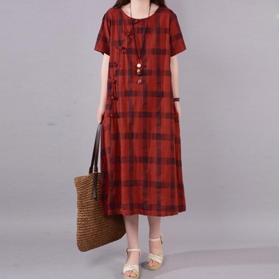 fashion natural cotton dress plus size Lattice Round Neck Short Sleeve Red Cotton Dress