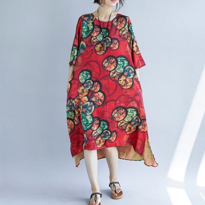 New red cotton blended dresses casual print Half sleeve cotton blended dress casual o neck dresses