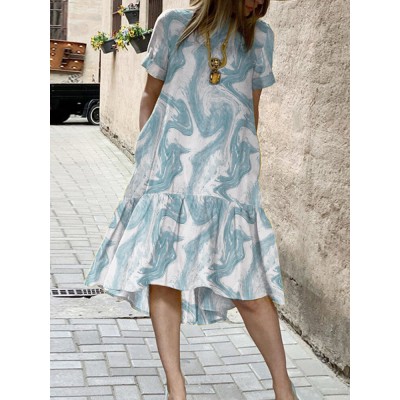 Leisure Wave Pattern Short Sleeve Ruffle Midi Print Dress