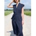 Solid Sash V Neck Pocket Sleeveless Casual Cotton Jumpsuit