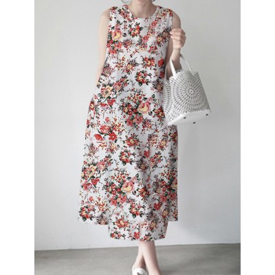 Flower Print Sleeveless Round Neck Print Dress