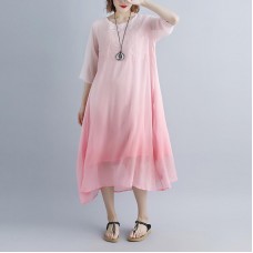 fine cotton dresses trendy plus size Fake Two-piece Pockets Retro Pink Summer Dress