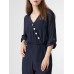 Solid Wrap Button Lapel Pocket Long Sleeve Jumpsuit