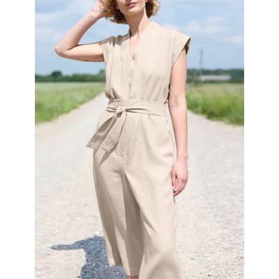 Solid Sash V Neck Pocket Sleeveless Casual Cotton Jumpsuit