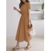 Solid Drawstring Short Sleeve Round Neck Casual Midi Dress