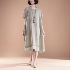 vintage cotton gown plus size Short Sleeve Fake Two-piece Summer Casual Khaki Dress