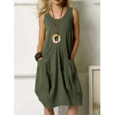 Leisure Solid Pocket Zip Sleeveless Cotton Midi Dress