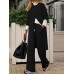 Women Side Pockets Side Fork O  Neck Solid Ankle Length Two  Piece Sets