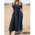 Solid Pocket Sash Short Sleeve Cotton Casual Maxi Dress