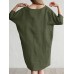 Solid Color 3 4 Sleeve O  neck Pocket Cotton Dress