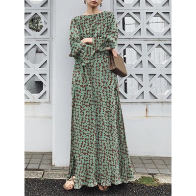 Geo Print Long Sleeve Slit Side Crew Neck Maxi Dress