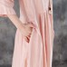 boutique linen sundress oversized Linen Round Neck Three Quarter Sleeve Pink Pleated Dress