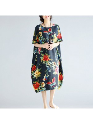 women navy linen shift dresses trendy plus size holiday dresses New short sleeve floral linen dress