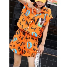 stylish orange prints cotton blended short sleeve jumpsuit hot pants