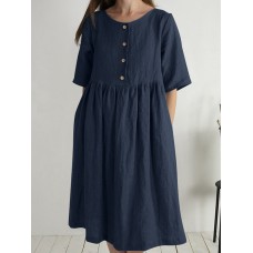 Solid Button Ruched Half Sleeve Casual Cotton Midi Dress