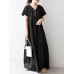 Solid Lettuce Edge V  neck Short Sleeve Swing Maxi Dress