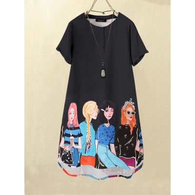 Cartoon Girls Graphic Pocket Short Sleeve Button Dress