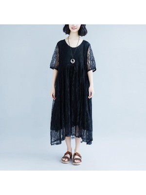 vintage cotton dress plus size Lacing Summer Short Sleeve Casual Fake Two-piece Black Dress