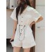 Solid Drawstring Waist Pocket Lapel Short Sleeve Cargo Romper