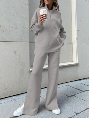 Women Turtleneck Solid Color Ankle Length Zipper Elastic Waist Two  Piece Sets