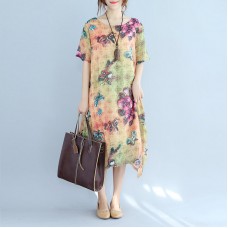 Elegant prints long cotton dresses oversize o neck cotton gown vintage short sleeve traveling clothing