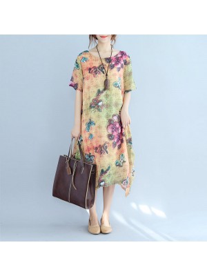 Elegant prints long cotton dresses oversize o neck cotton gown vintage short sleeve traveling clothing