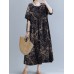 Plant Print Pocket Round Neck Cotton Dress