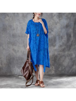 women cotton shift dress oversized Loose Round Neck Short Sleeve Irregular Blue Dress