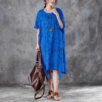 women cotton shift dress oversized Loose Round Neck Short Sleeve Irregular Blue Dress