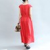 red elastic waist linen dresses loose short sleeve maxi dress