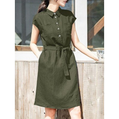 Solid Button Pocket Sash Lapel Casual Cotton Midi Dress