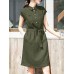 Solid Button Pocket Sash Lapel Casual Cotton Midi Dress