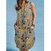 Plant Print Button Pocket Sleeveless Round Neck Print Midi Dress