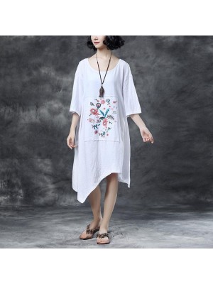 women Midi-length cotton dress trendy plus size Loose Round Neck Embroidered Irregular Cotton Dress