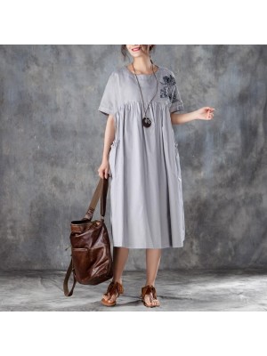 baggy natural cotton dress  stylish Loose Short Sleeve Round Neck Gray Pleated Dress