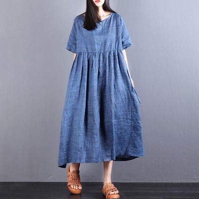 fashion long linen dresses oversize Loose Lacing Ramie Short Sleeve Blue Pleated Dress