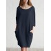 Solid Color 3 4 Sleeve O  neck Pocket Cotton Dress